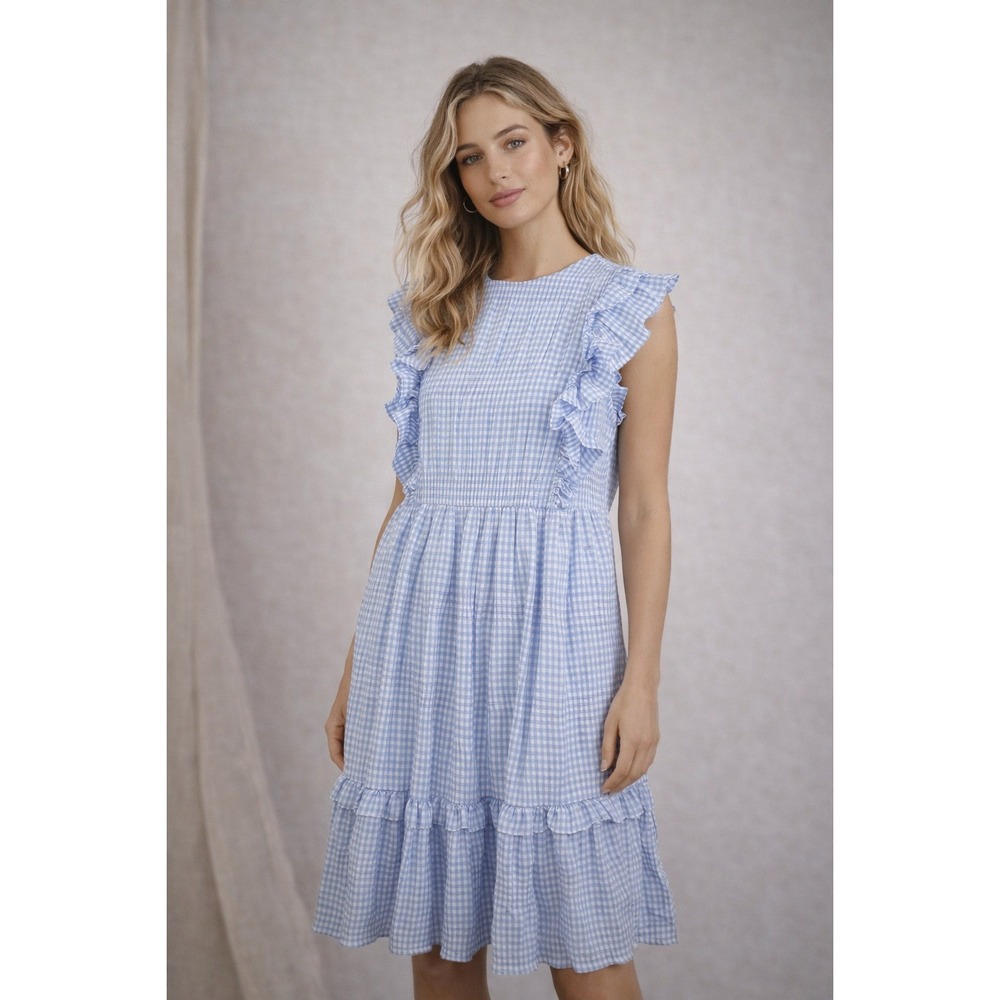 Blue Gingham Ruffle Midi Dress - Womens